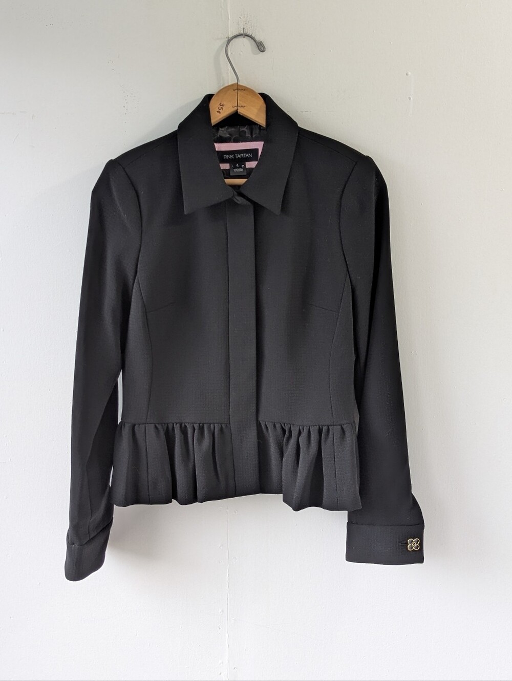 Pink Tartan 100% Wool Black Peplum Jacket Blazer Size 4
